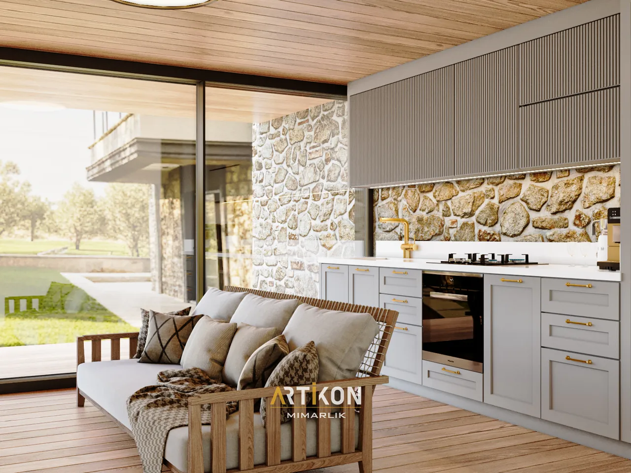 Zeytinli villa mutfak ve doğal taş ilişkisini gösteren Artikon 3D tasarım görseli